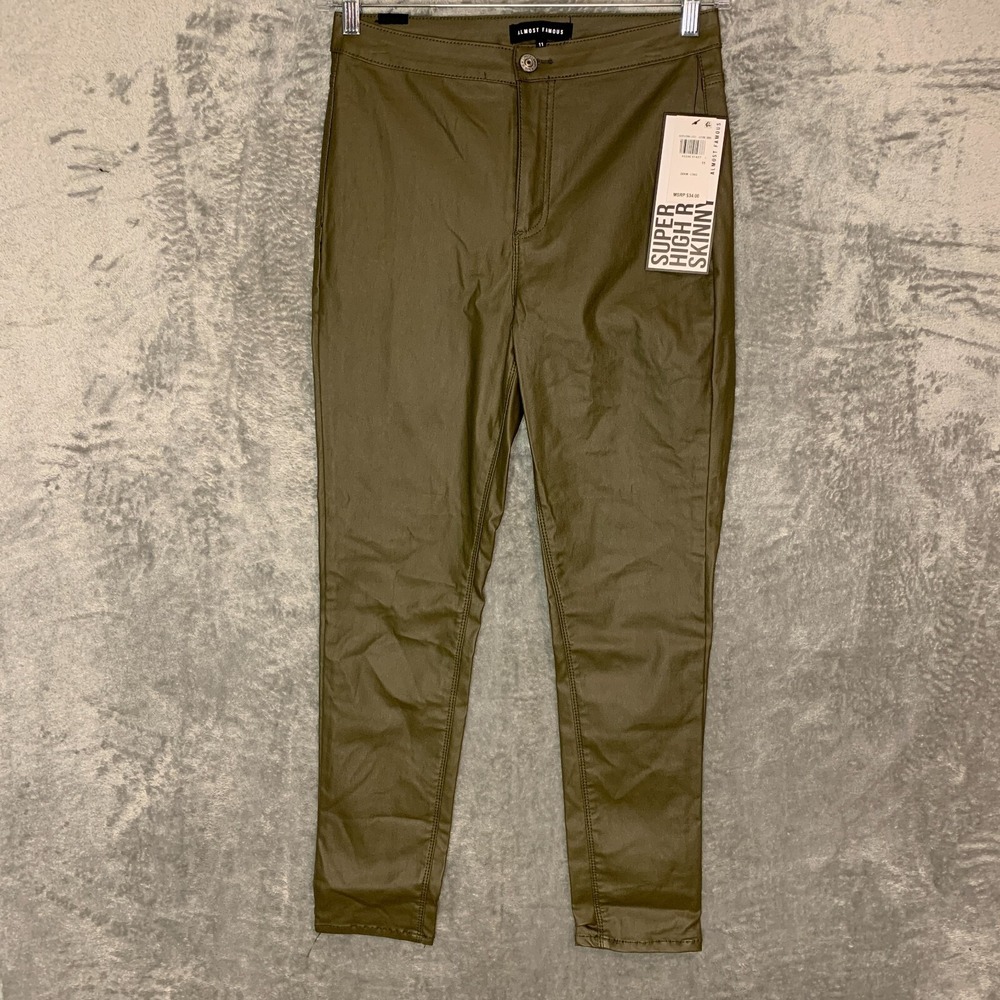 Almost Famous Womens Faux Leather Super High Rise Skinny Stretch Green Pants 11